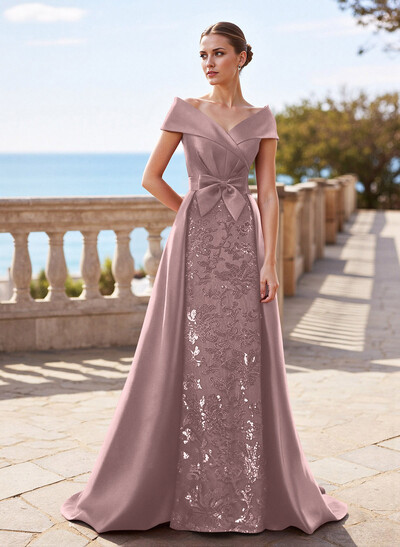 Elegant Off-The-Shoulder Overskirt Sweep Train Satin Mother Of The Bride Dresses With Lace