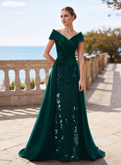 Elegant Off-The-Shoulder Overskirt Sweep Train Satin Mother Of The Bride Dresses With Lace