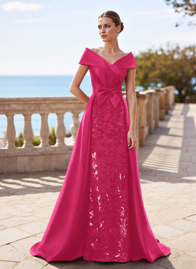 Elegant Off-The-Shoulder Overskirt Sweep Train Satin Mother Of The Bride Dresses With Lace