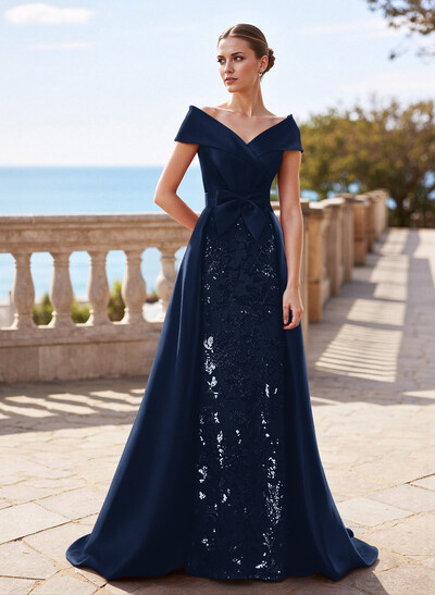 Elegant Off-The-Shoulder Overskirt Sweep Train Satin Mother Of The Bride Dresses With Lace