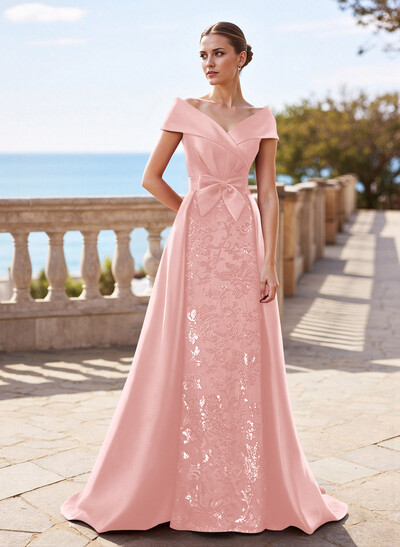 Elegant Off-The-Shoulder Overskirt Sweep Train Satin Mother Of The Bride Dresses With Lace