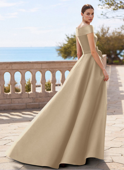 Elegant Off-The-Shoulder Overskirt Sweep Train Satin Mother Of The Bride Dresses With Lace