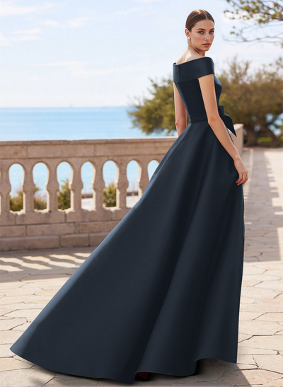 Elegant Off-The-Shoulder Overskirt Sweep Train Satin Mother Of The Bride Dresses With Lace