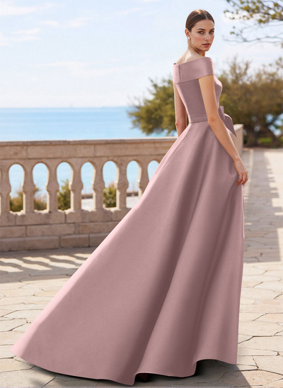 Elegant Off-The-Shoulder Overskirt Sweep Train Satin Mother Of The Bride Dresses With Lace