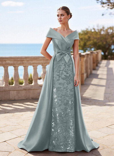 Elegant Off-The-Shoulder Overskirt Sweep Train Satin Mother Of The Bride Dresses With Lace