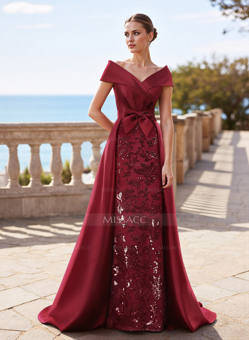 Elegant Off-The-Shoulder Overskirt Sweep Train Satin Mother Of The Bride Dresses With Lace