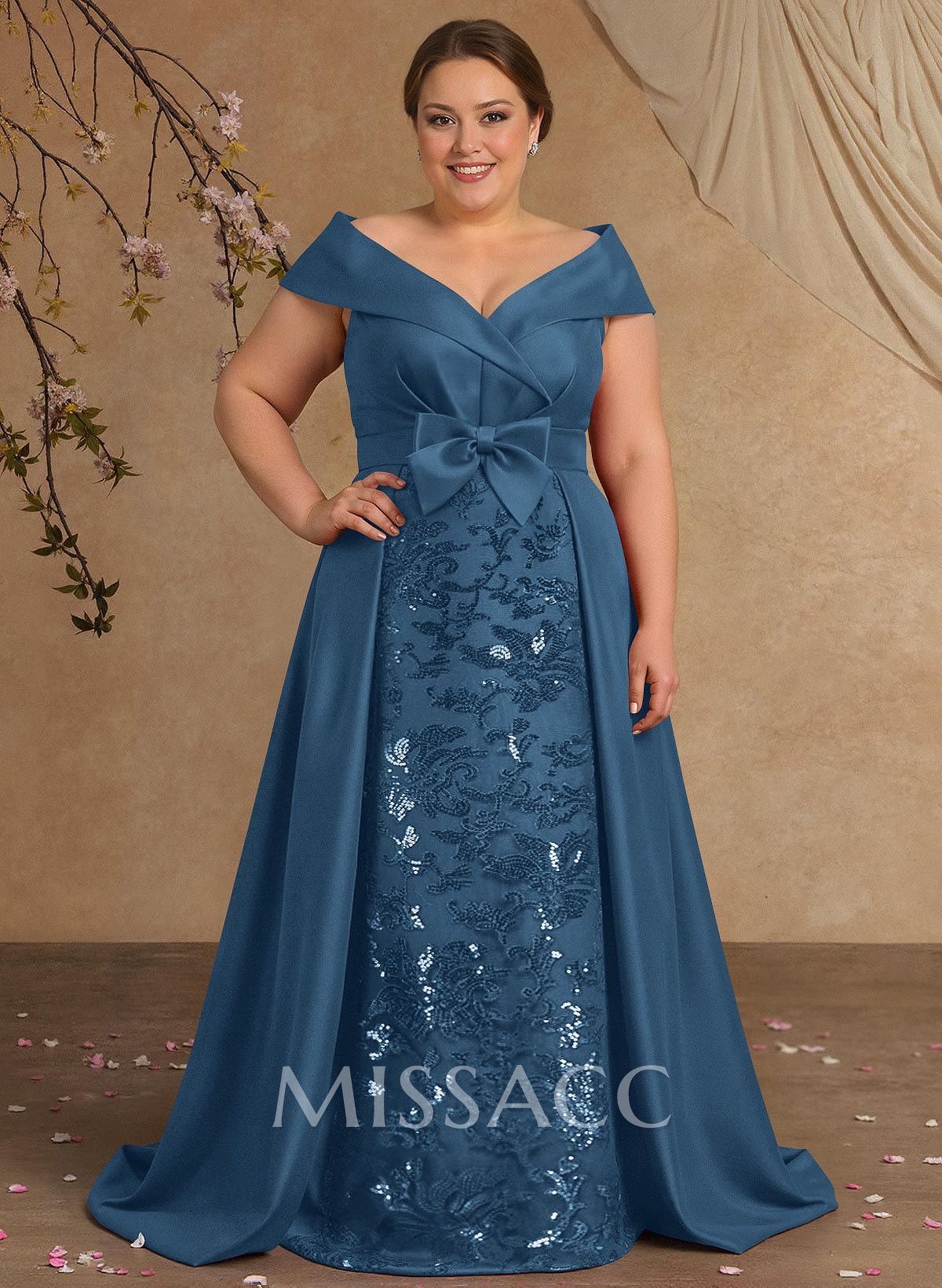 Elegant Off-The-Shoulder Overskirt Sweep Train Satin Mother Of The Bride Dresses With Lace