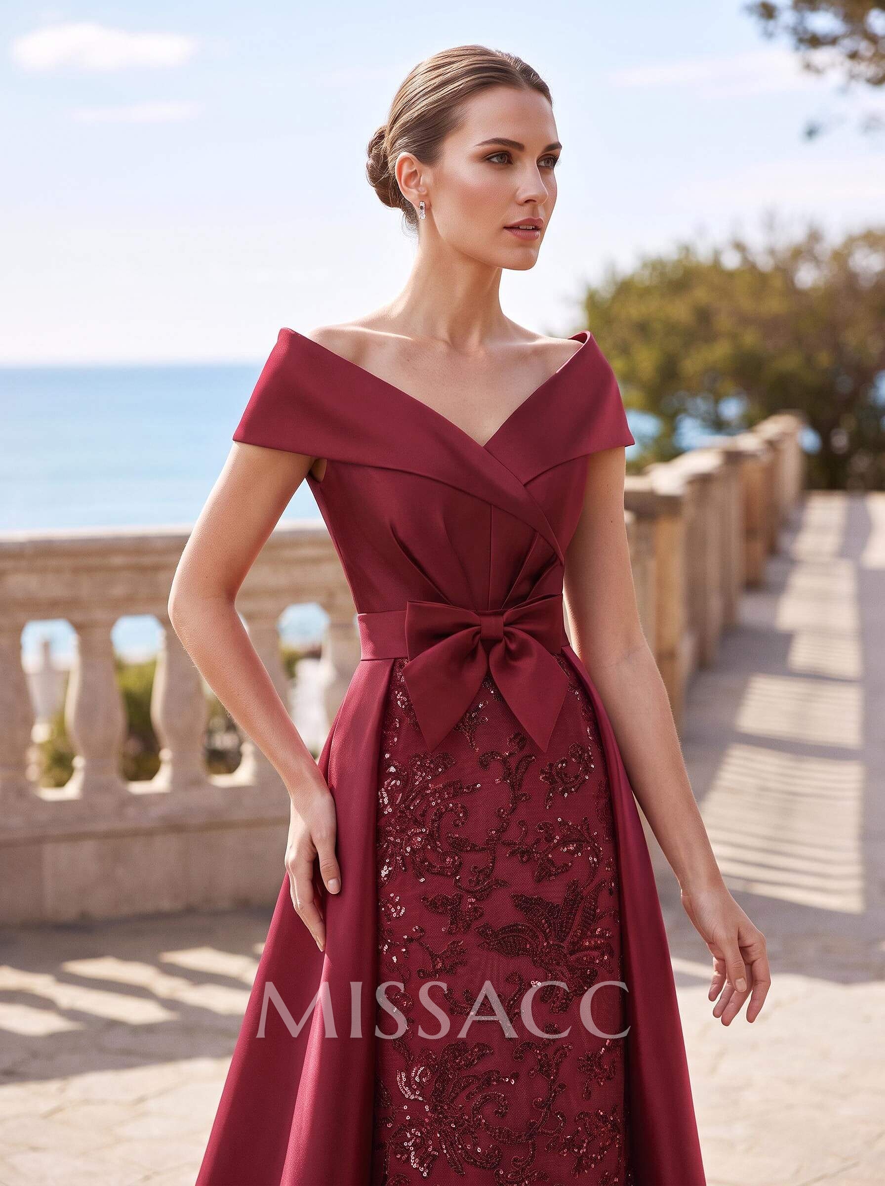 Elegant Off-The-Shoulder Overskirt Sweep Train Satin Mother Of The Bride Dresses With Lace Elegant Off-The-Shoulder Overskirt Sweep Train Satin Mother Of The Bride Dresses With Lace
