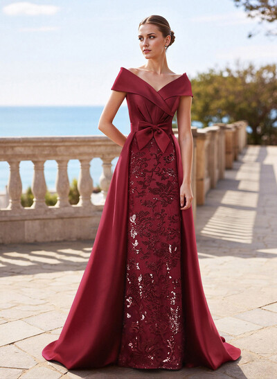 Elegant Off-The-Shoulder Satin Mother Of The Bride Dress With Overskirt, Sweep Train And Lace Details