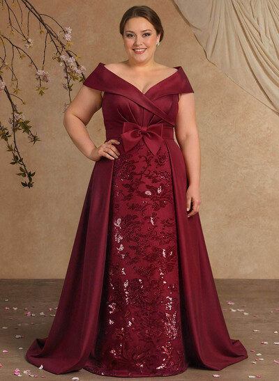Elegant Off-The-Shoulder Overskirt Sweep Train Satin Mother Of The Bride Dresses With Lace