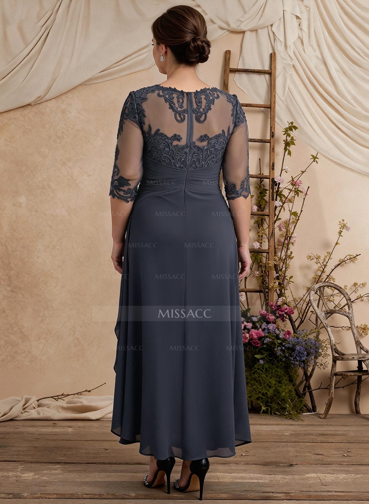 Elegant Illusion Neck A-Line Ankle-Length Lace/Chiffon Mother Of The Bride Dresses