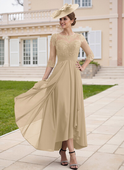 Elegant Illusion Neck A-Line Ankle-Length Lace/Chiffon Mother Of The Bride Dresses