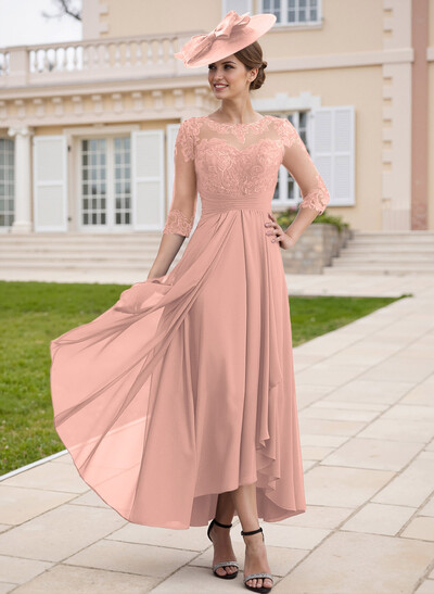 Elegant Illusion Neck A-Line Ankle-Length Lace/Chiffon Mother Of The Bride Dresses