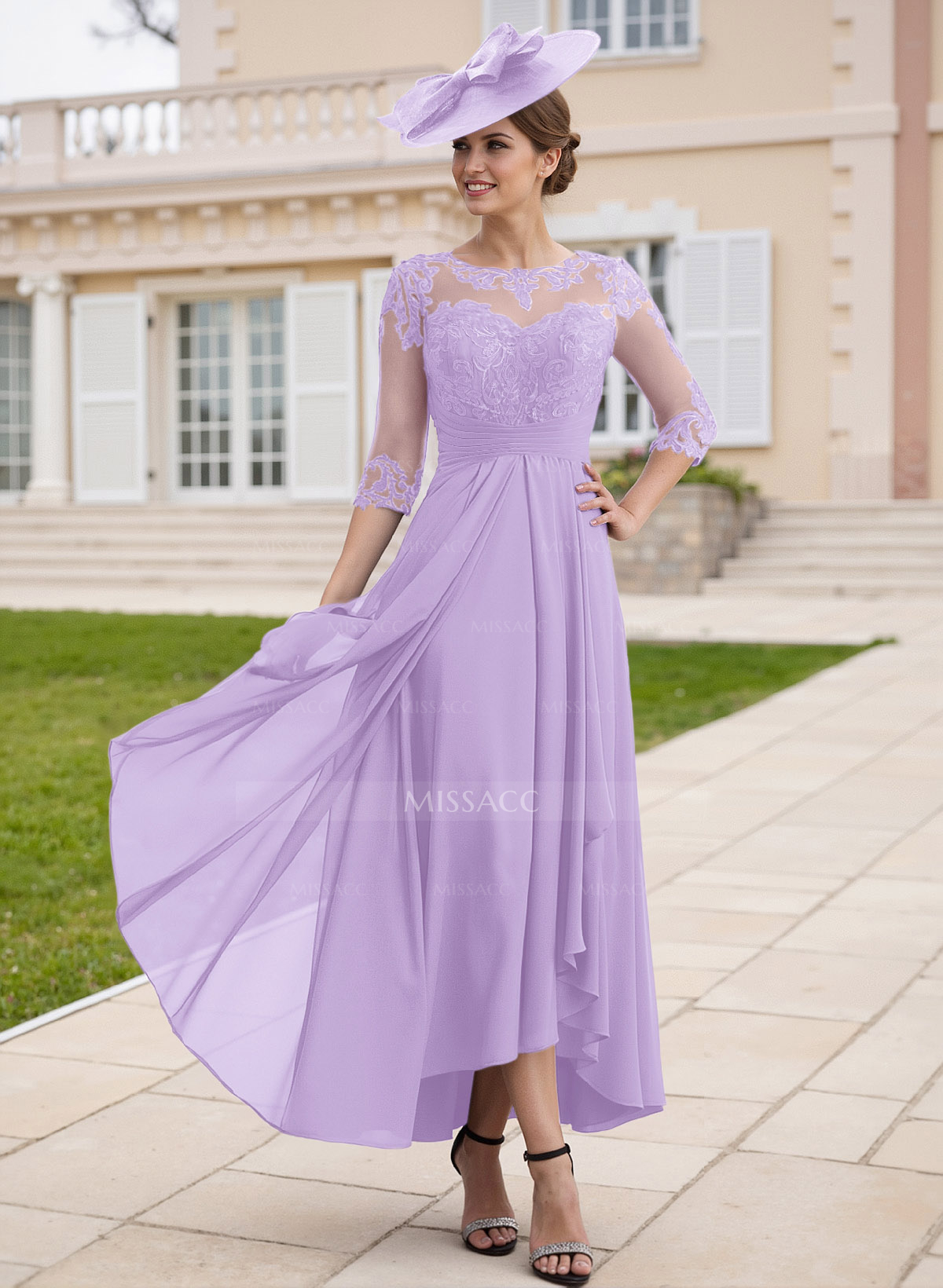 Elegant Illusion Neck A-Line Ankle-Length Lace/Chiffon Mother Of The Bride Dresses