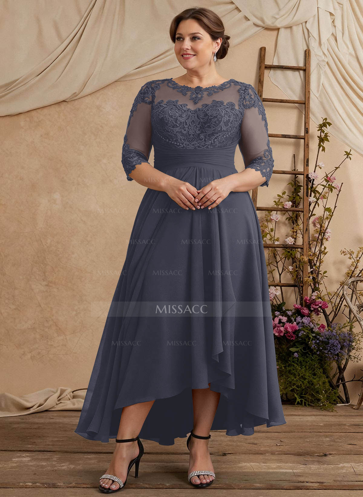 Elegant Illusion Neck A-Line Ankle-Length Lace/Chiffon Mother Of The Bride Dresses
