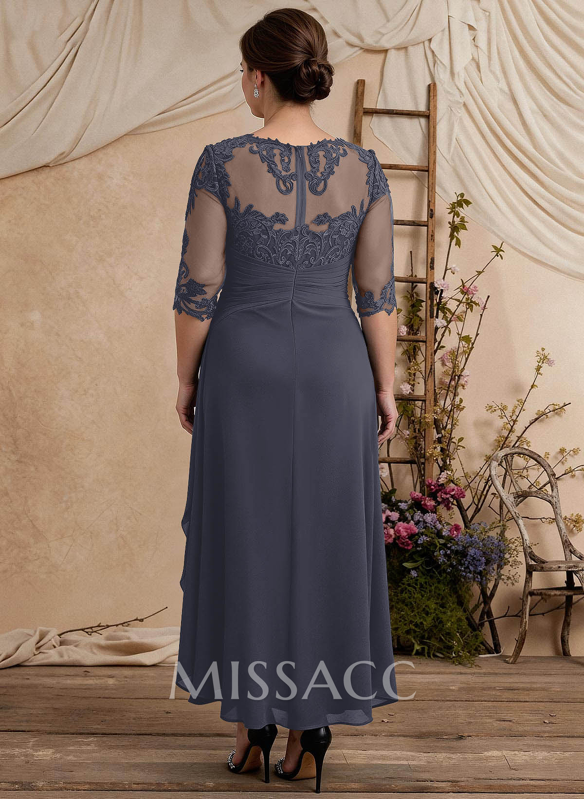 Elegant Illusion Neck A-Line Ankle-Length Lace/Chiffon Mother Of The Bride Dresses