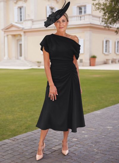 Elegant One-Shoulder Short Sleeves Tea-Length Stretch Chiffon Mother Of The Bride Dresses With Beading