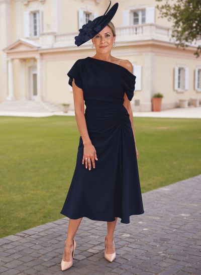 Elegant One-Shoulder Short Sleeves Tea-Length Stretch Chiffon Mother Of The Bride Dresses With Beading