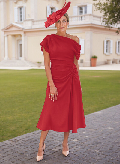 Elegant One-Shoulder Short Sleeves Tea-Length Stretch Chiffon Mother Of The Bride Dresses With Beading Elegant One-Shoulder Short Sleeves Tea-Length Stretch Chiffon Mother Of The Bride Dresses With Beading