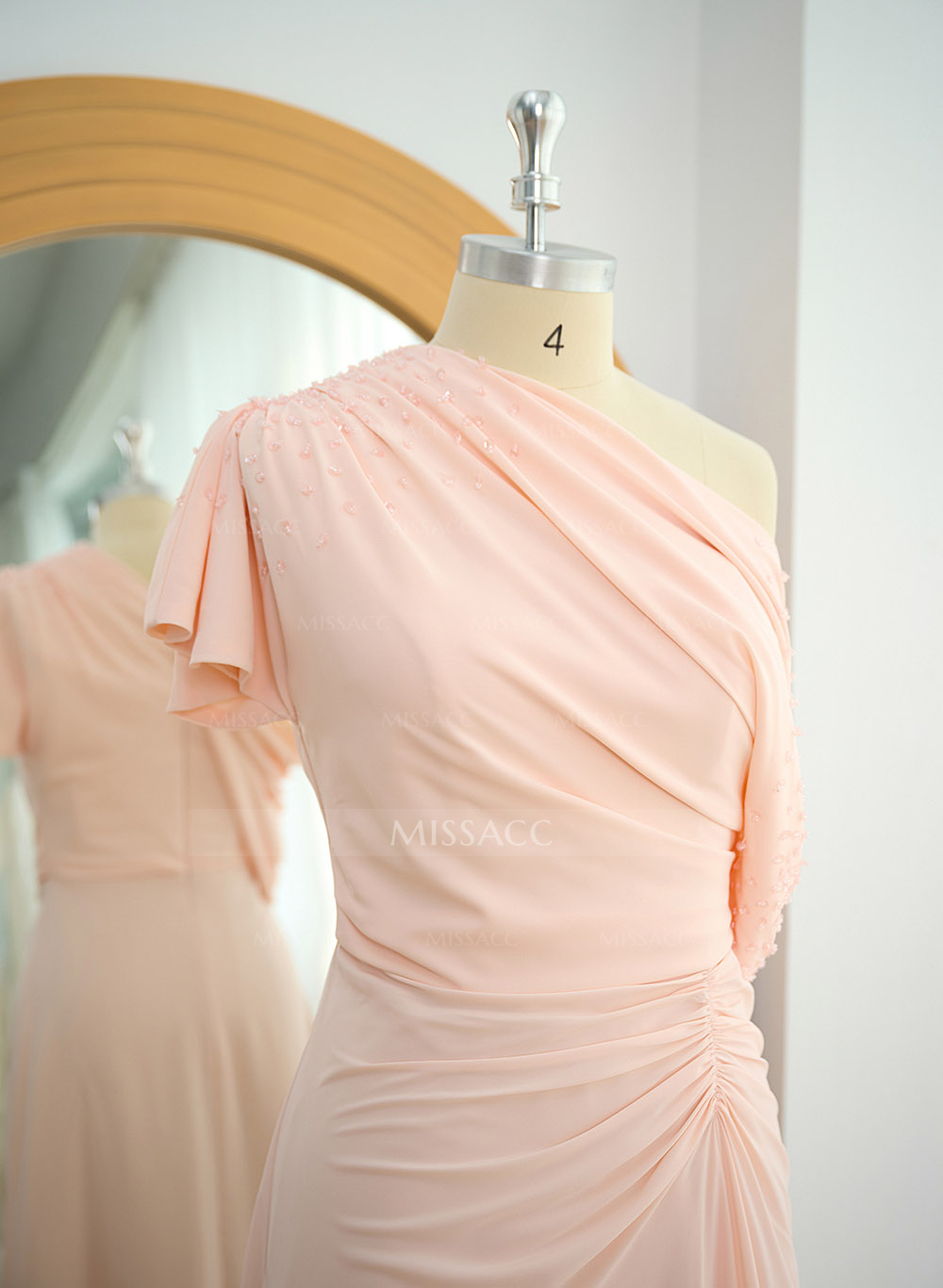 Elegant One-Shoulder Short Sleeves Tea-Length Stretch Chiffon Mother Of The Bride Dresses With Beading