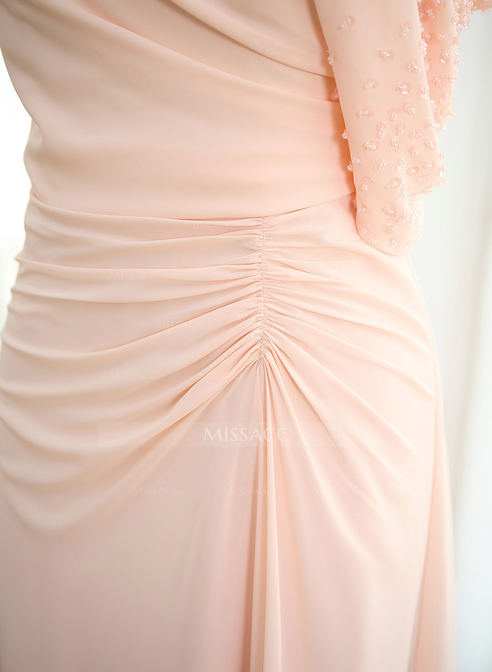 Elegant One-Shoulder Short Sleeves Tea-Length Stretch Chiffon Mother Of The Bride Dresses With Beading