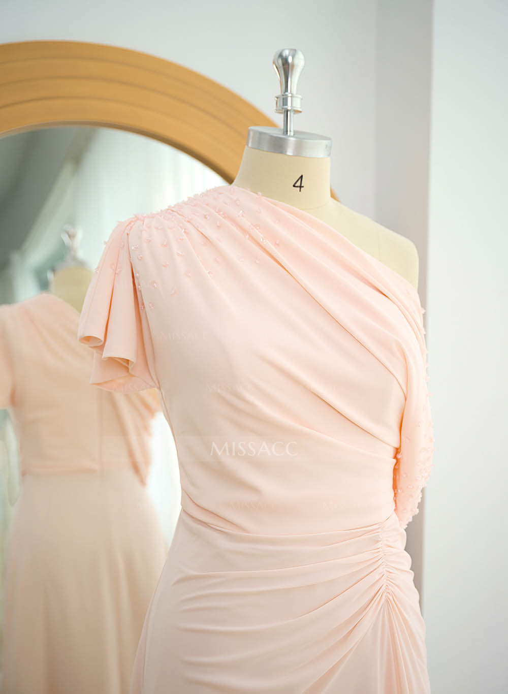 Elegant One-Shoulder Short Sleeves Tea-Length Stretch Chiffon Mother Of The Bride Dresses With Beading