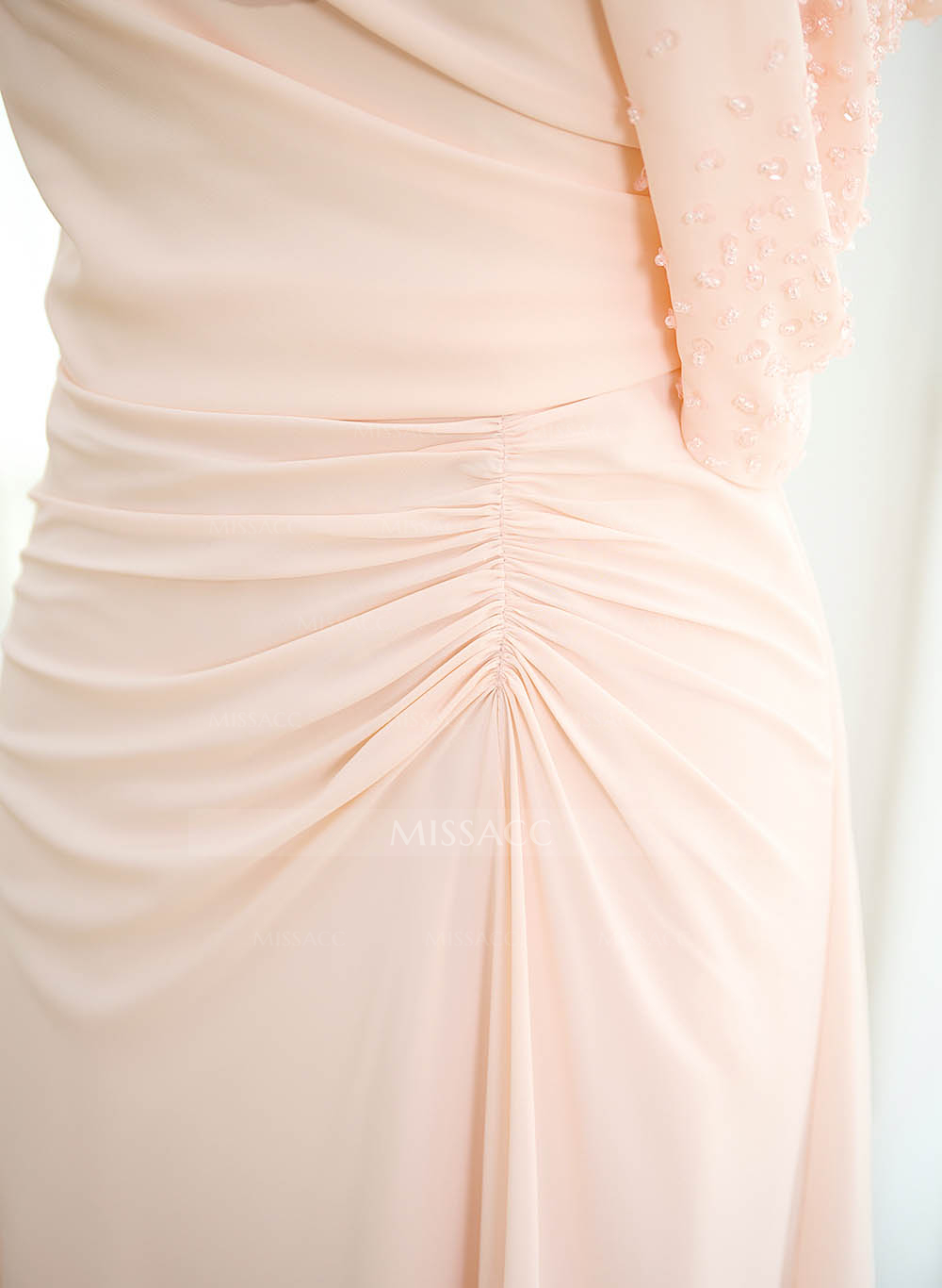Elegant One-Shoulder Short Sleeves Tea-Length Stretch Chiffon Mother Of The Bride Dresses With Beading