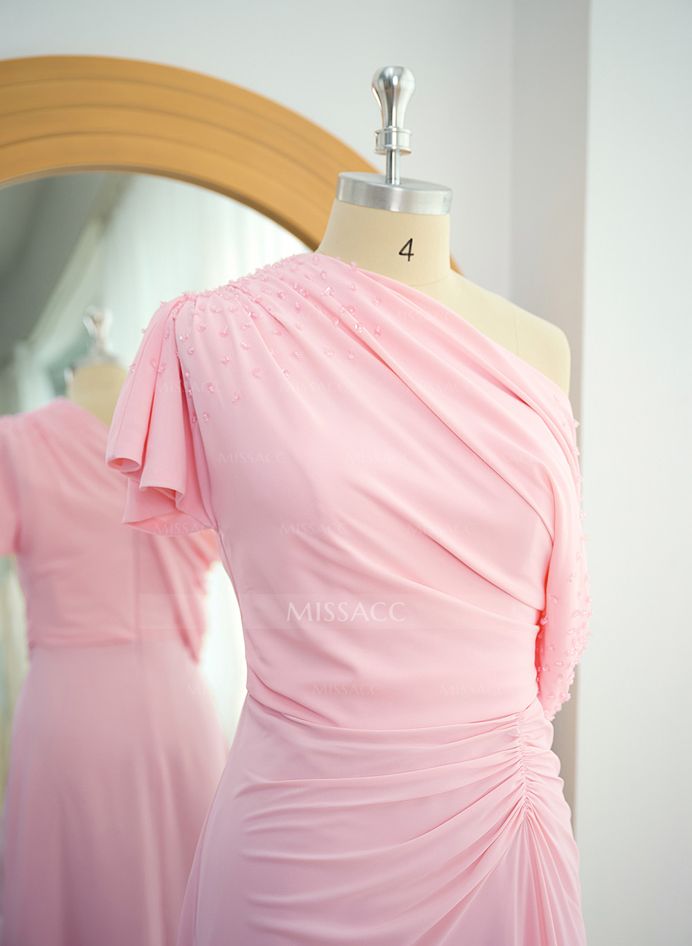 Elegant One-Shoulder Short Sleeves Tea-Length Stretch Chiffon Mother Of The Bride Dresses With Beading