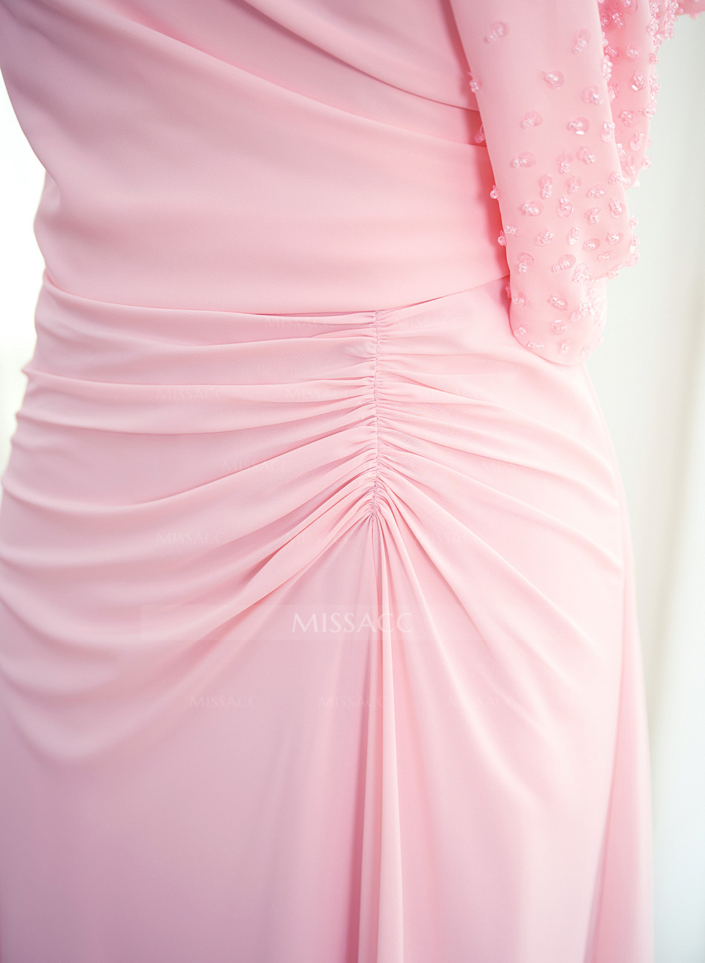 Elegant One-Shoulder Short Sleeves Tea-Length Stretch Chiffon Mother Of The Bride Dresses With Beading