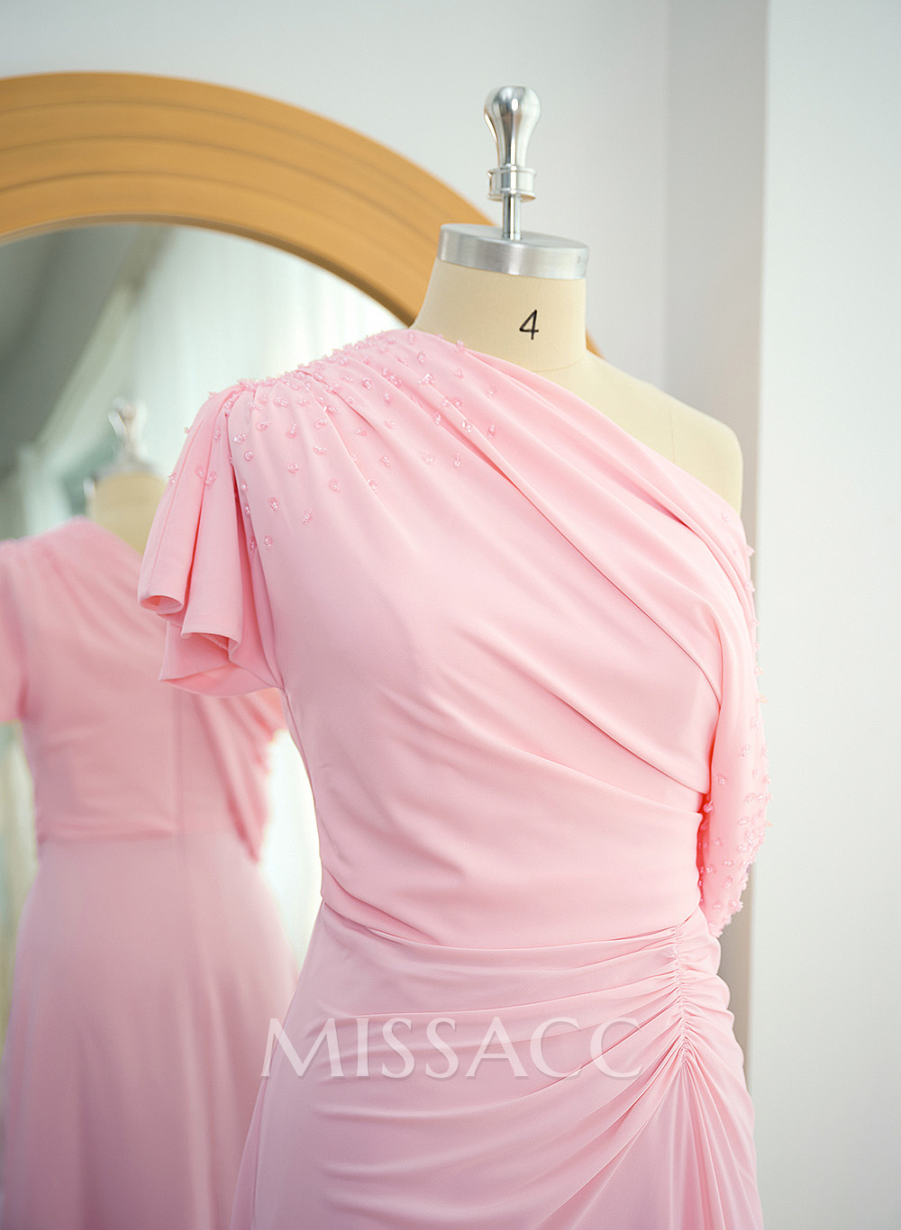 Elegant One-Shoulder Short Sleeves Tea-Length Stretch Chiffon Mother Of The Bride Dresses With Beading