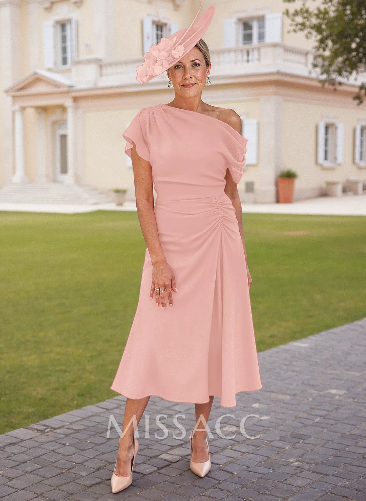 Elegant One-Shoulder Short Sleeves Tea-Length Stretch Chiffon