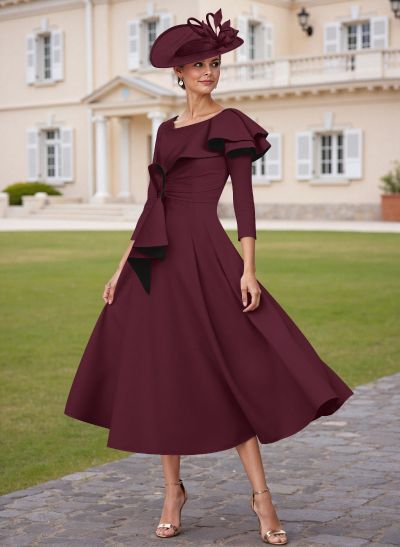 A-Line Scoop Neck 3/4 Sleeves Tea-Length Elastic Satin Cocktail Dresses With Ruffle