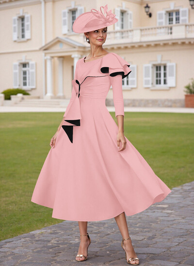 A-Line Scoop Neck 3/4 Sleeves Tea-Length Elastic Satin Mother Of The Bride Dresses With Ruffle