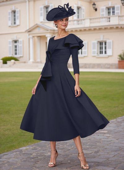 A-Line Scoop Neck 3/4 Sleeves Tea-Length Elastic Satin Mother Of The Bride Dresses With Ruffle