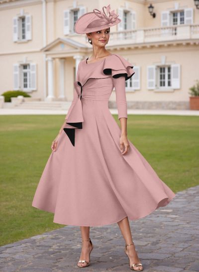 A-Line Scoop Neck 3/4 Sleeves Tea-Length Elastic Satin Mother Of The Bride Dresses With Ruffle