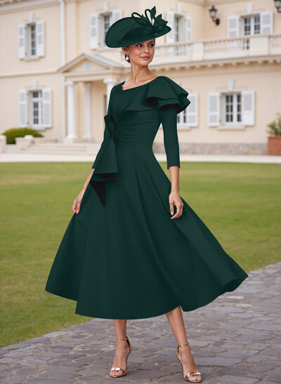 A-Line Scoop Neck 3/4 Sleeves Tea-Length Elastic Satin Mother Of The Bride Dresses With Ruffle
