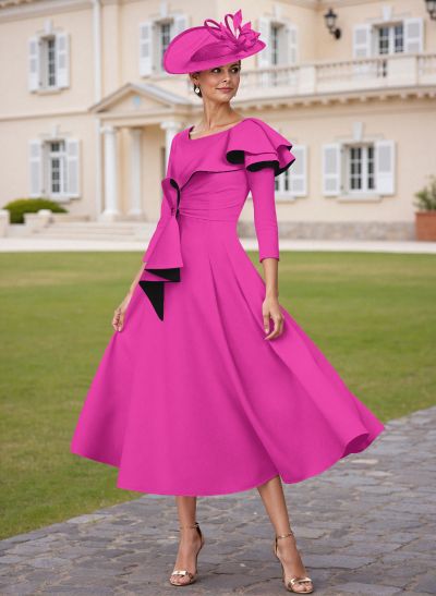 A-Line Scoop Neck 3/4 Sleeves Tea-Length Elastic Satin Mother Of The Bride Dresses With Ruffle