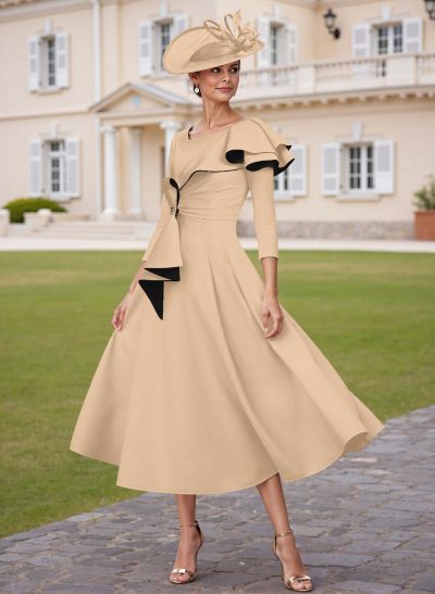 A-Line Scoop Neck 3/4 Sleeves Tea-Length Elastic Satin Mother Of The Bride Dresses With Ruffle