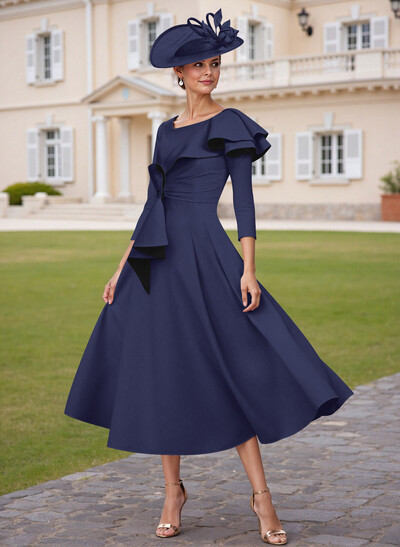 A-Line Scoop Neck 3/4 Sleeves Tea-Length Elastic Satin Mother Of The Bride Dresses With Ruffle