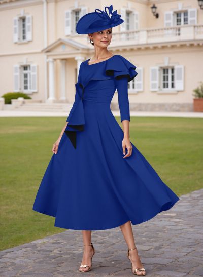 A-Line Scoop Neck 3/4 Sleeves Tea-Length Elastic Satin Mother Of The Bride Dresses With Ruffle