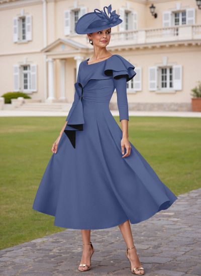 A-Line Scoop Neck 3/4 Sleeves Tea-Length Elastic Satin Mother Of The Bride Dresses With Ruffle