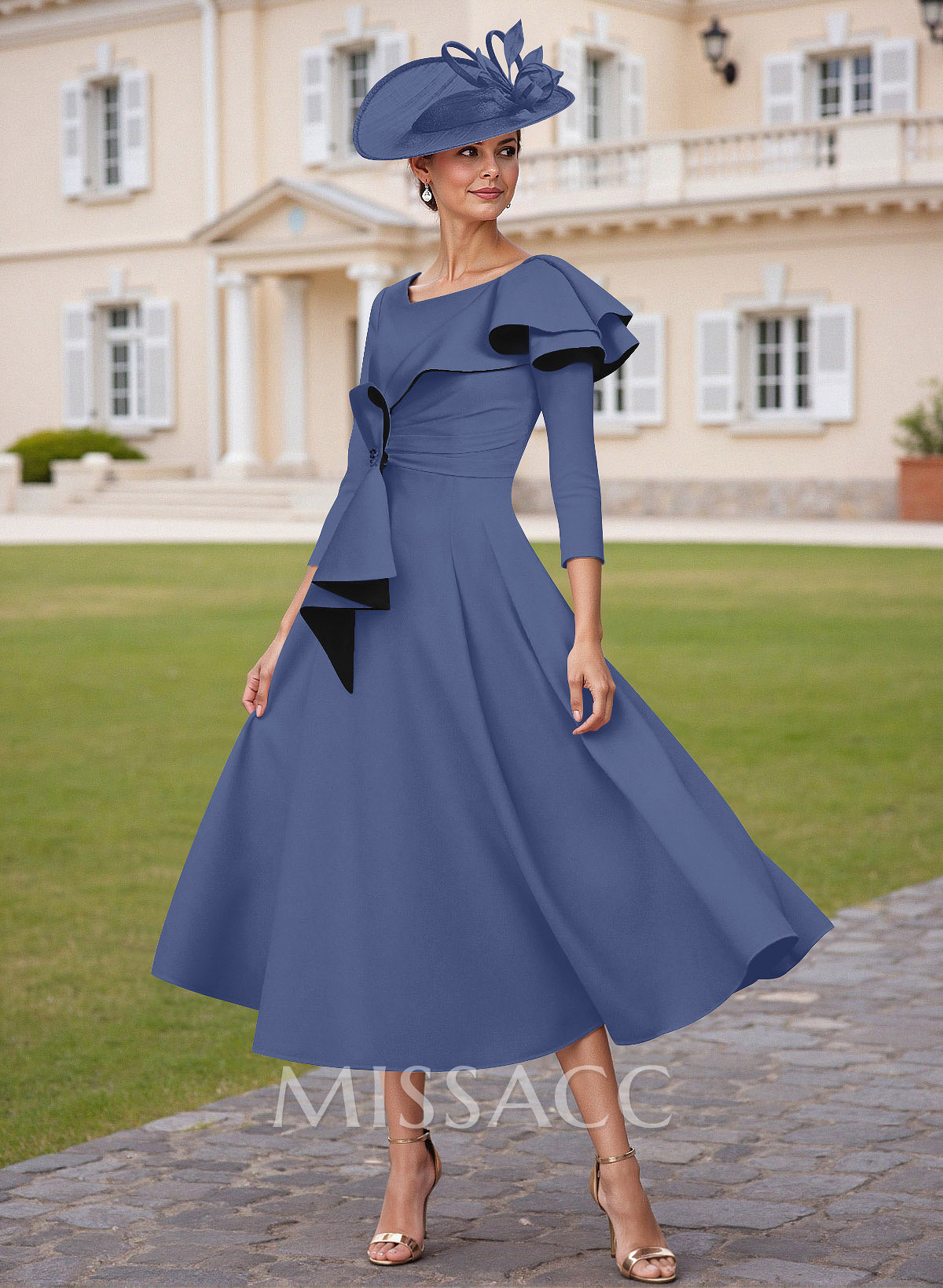 A-Line Scoop Neck 3/4 Sleeves Tea-Length Elastic Satin Mother Of The Bride Dresses With Ruffle A-Line Scoop Neck 3/4 Sleeves Tea-Length Elastic Satin Mother Of The Bride Dresses With Ruffle