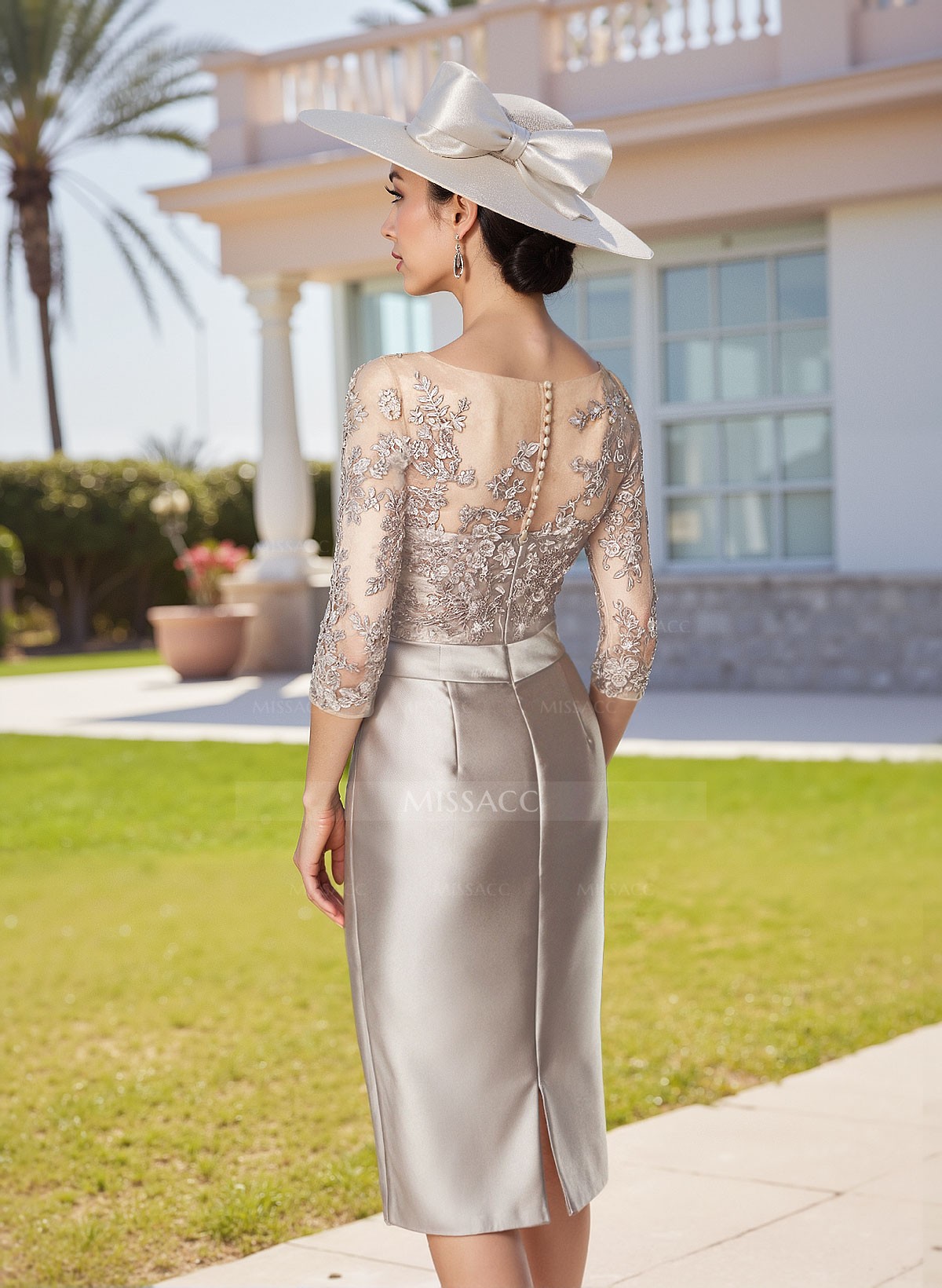 Elegant Sheath/Column Illusion Neck 1/2 Sleeves Knee-Length Satin Mother Of The Bride Dresses With Lace