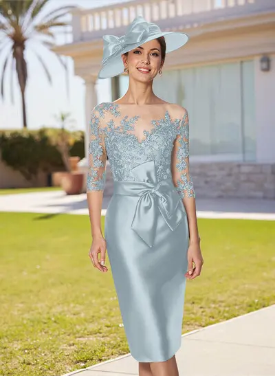 silver mother of the bride dresses knee length Elegant Column Illusion Neck Half-Sleeve Knee-Length Satin Dress with Lace springcatalog2026