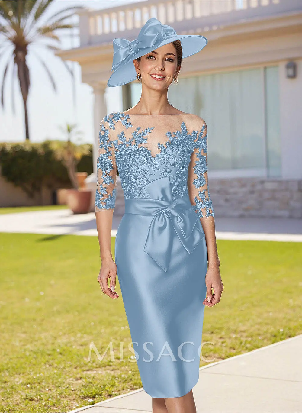 Missacc White Mother Of The Bride Dresses Elegant Sheath/Column Illusion Neck 1/2 Sleeves Knee-Length Satin Mother Of The Bride Dresses With Lace