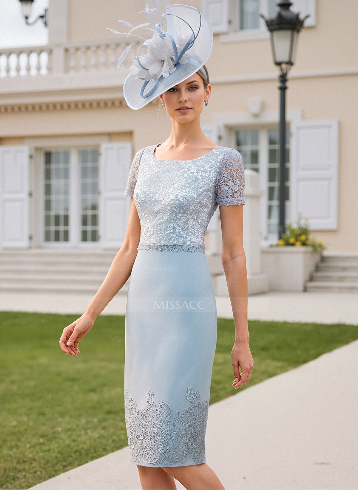 Elegant Sheath/Column Square Neckline Knee-Length Elastic Satin/Lace Mother Of The Bride Dresses With Appliques Lace