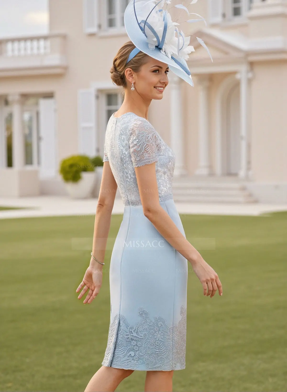 Missacc Mother Of The Bride Dresses Elegant Sheath/Column Square Neckline Knee-Length Elastic Satin/Lace Mother Of The Bride Dresses With Appliques