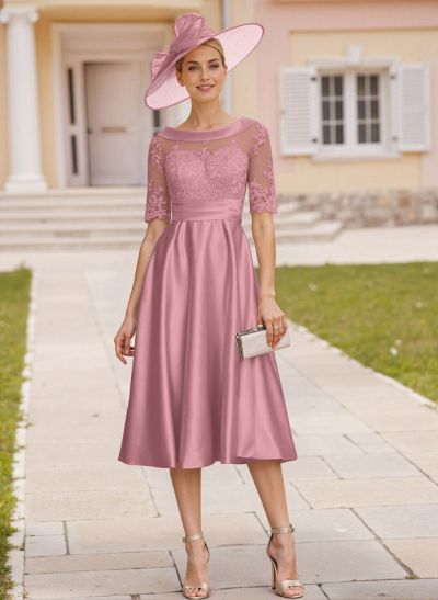 Elegant Cowl Neck Lace Short Sleeves A-Line Satin Mother Of The Bride Dresses