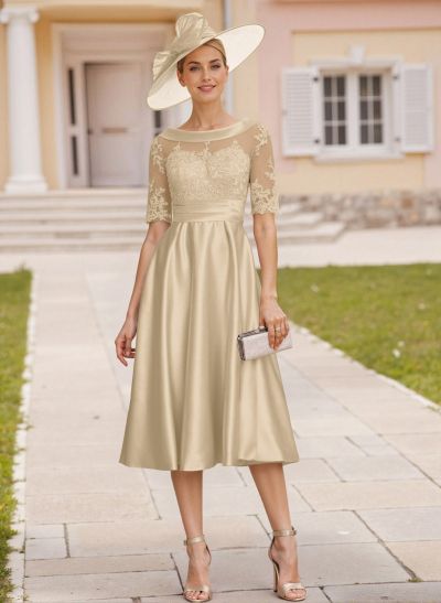 Elegant Cowl Neck Lace Short Sleeves A-Line Satin Mother Of The Bride Dresses