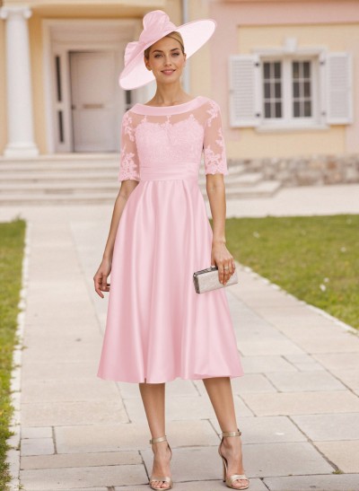 Elegant Cowl Neck Lace Short Sleeves A-Line Satin Mother Of The Bride Dresses